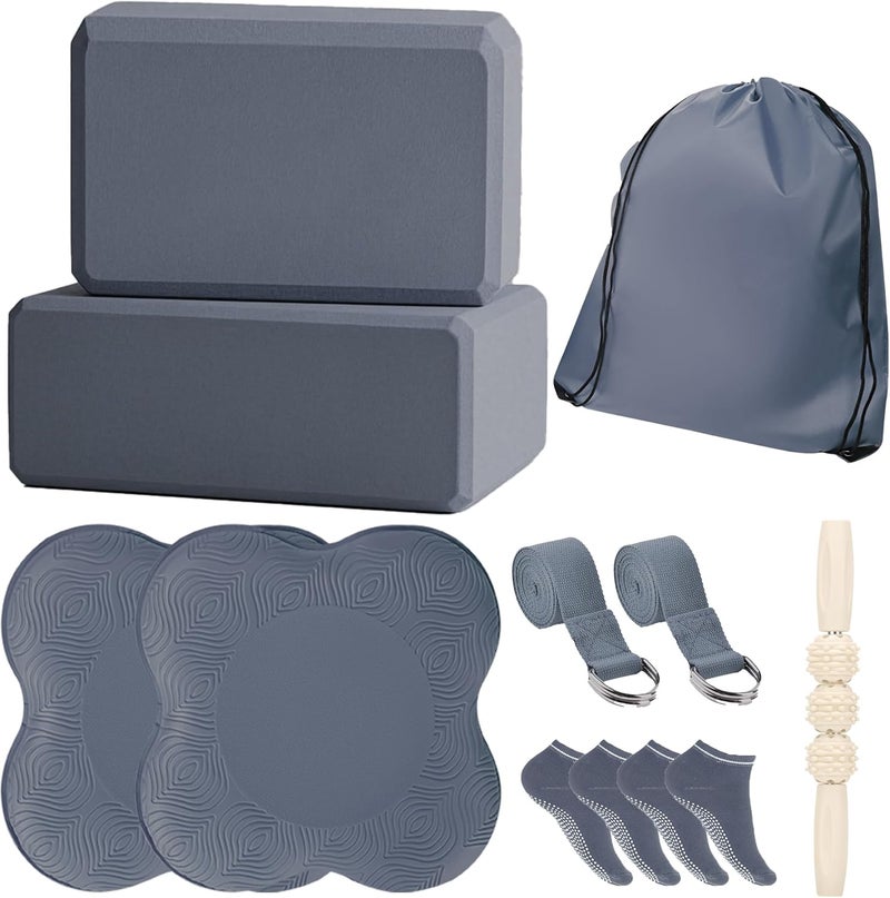 SAMTKA 2 Yoga Blocks Supportive Accessories including 2 Knee Pads, 2 With Strap To Put Less Weight On Wrists, 1 Muscle Massage Roller, 2 Pair of Non-Slip Pilates Socks, 1 GYM Bag, Durable Versatile Yoga Brick Exercise Set of 10 - Image 1